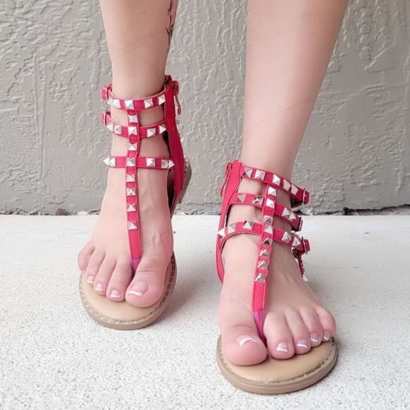 Women's Studded Strappy Flat Sandals Red Color - Picture 4 of 5